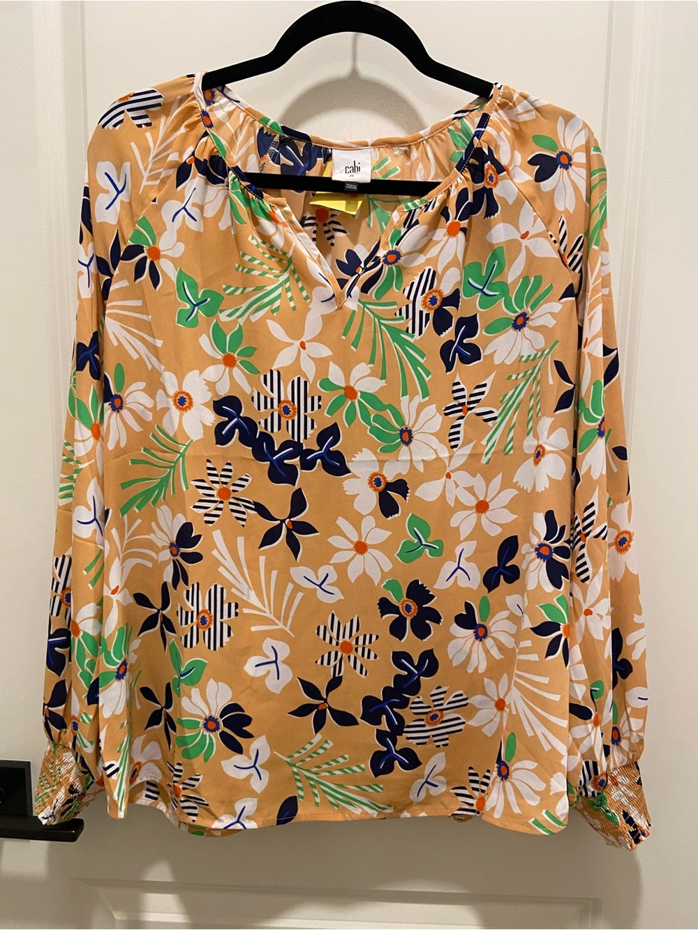 CAbi Mustard Floral V-Neck Long-Sleeve Blouse